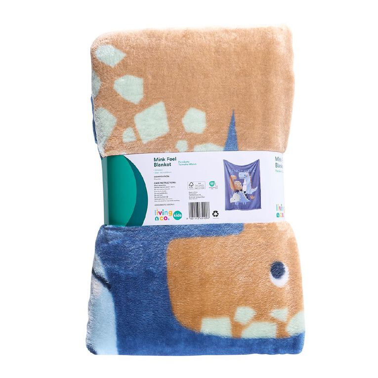 Living & Co Kids Mink Feel Blanket Dinosaur Blue King Single, , hi-res