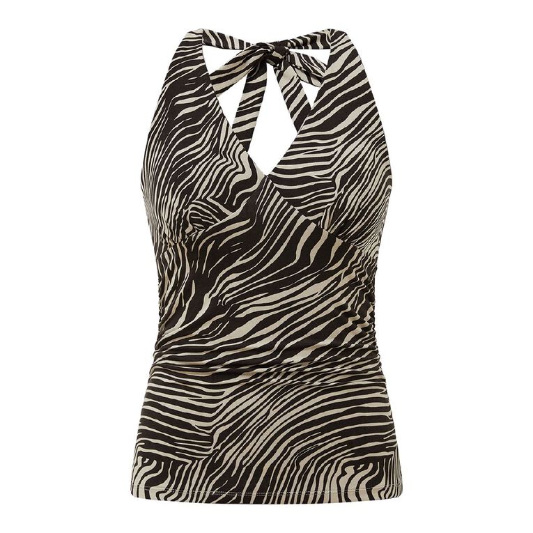 H&H Women's Contour Print Halter Neck Top, Brown Dark, hi-res