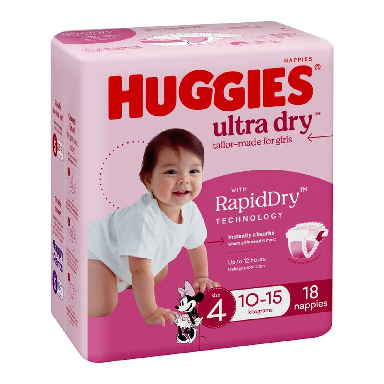 Huggies Girls' Convenience Nappy Toddler Size 4 10-15kg 18 Pack, , hi-res