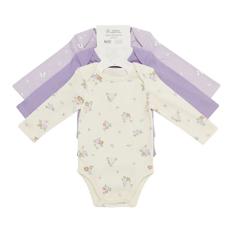 Young Original Babies' Long Sleeve Printed Bodysuit 3 Pack, White FLORA, hi-res