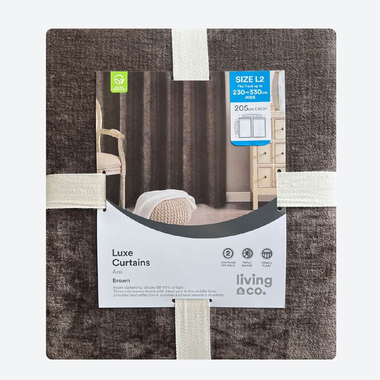 Living & Co Luxe Curtains Brown Mid 230-330cm Wide/205cm Drop, , hi-res