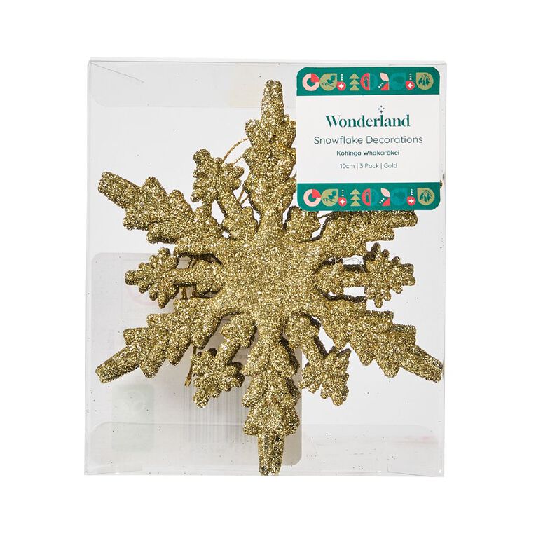 Wonderland Tree Decorations Snowflake 10cm Gold 3 Pack, , hi-res