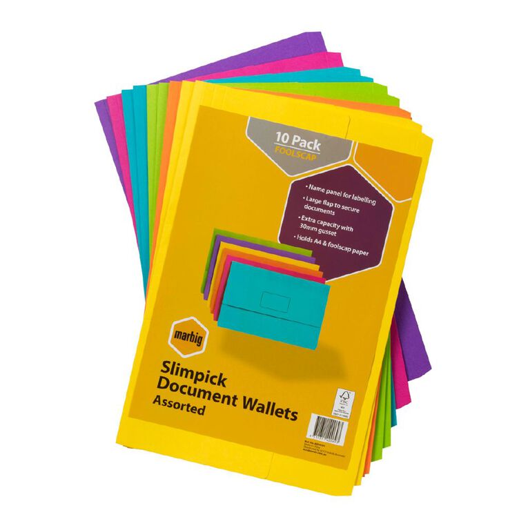 Marbig Slimpick Foolscap Document Wallet Brights 10 Pack, , hi-res