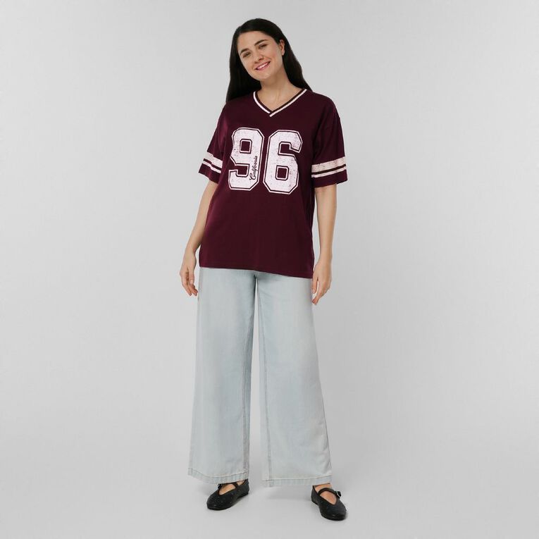 H&H Women's V Neck Relaxed Drop Shoulder Tee, Red Dark, hi-res
