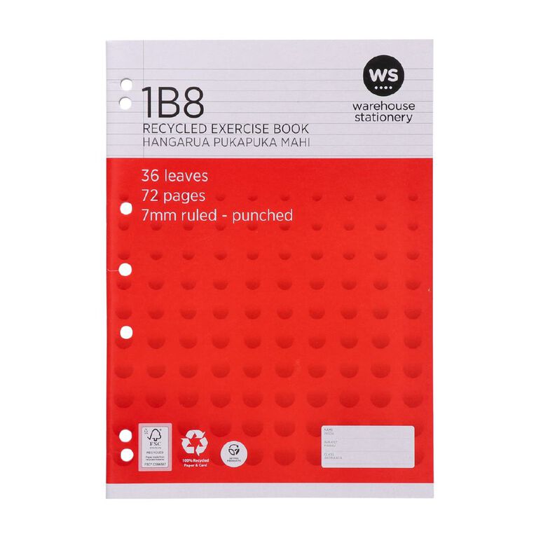 WS Exercise Book 1B8 7mm Ruled 36 Leaf Punched Red Mid, , hi-res