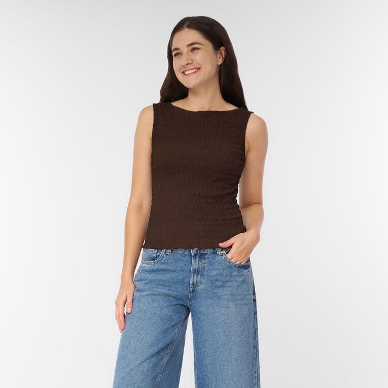 H&H Women's Shirred Tank Top, Brown Dark, hi-res