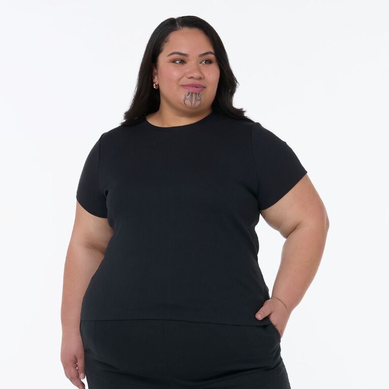 H&H Women's Plus Short Sleeve Baby Rib Tee, Black, hi-res