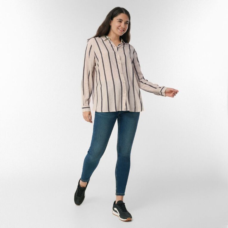 H&H Women's Long Sleeve Essential Linen Blend Stripe Shirt, , hi-res