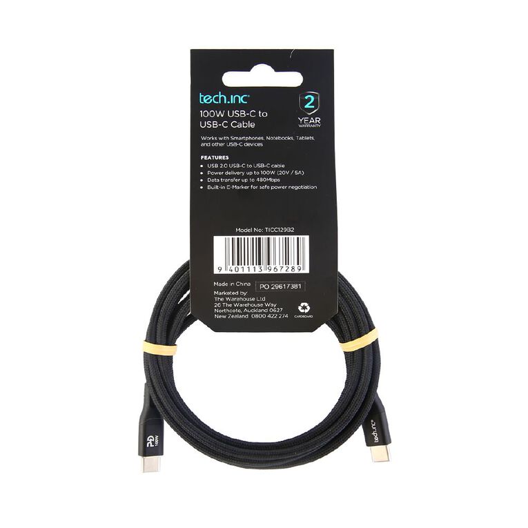 Tech.Inc 100W Braided Aluminum USB-C Charging Cable 2M Black, , hi-res