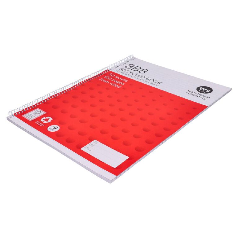 WS Exercise Book 8B8 7mm Ruled Spiral 50 Leaf Wiro Red, , hi-res