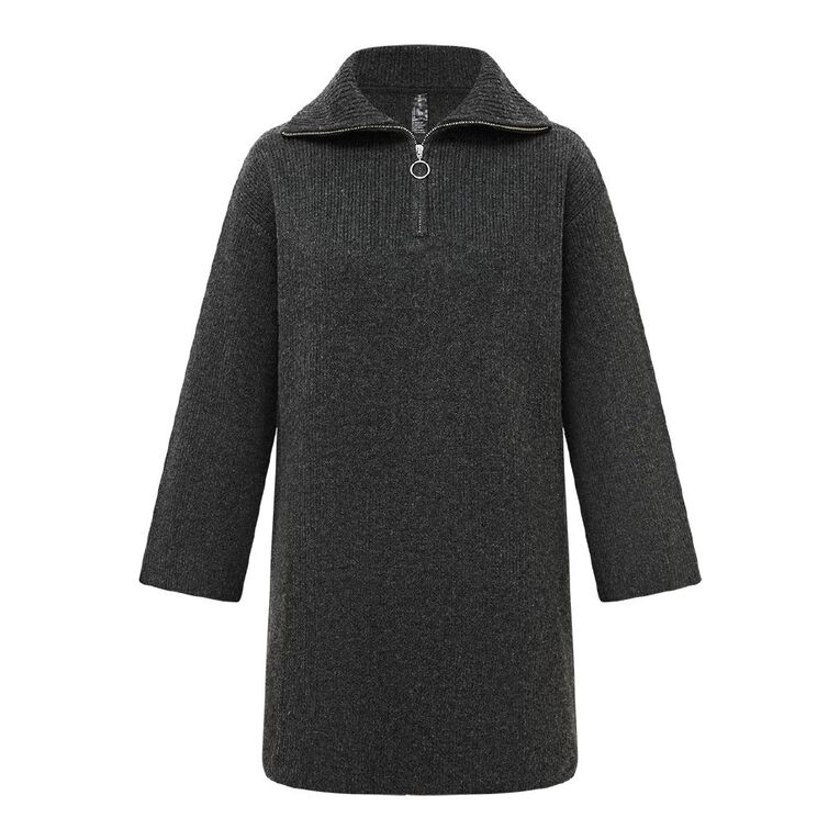 H&H Women's Long Sleeve Knitted Rib Mini Dress, Charcoal/Marle, hi-res