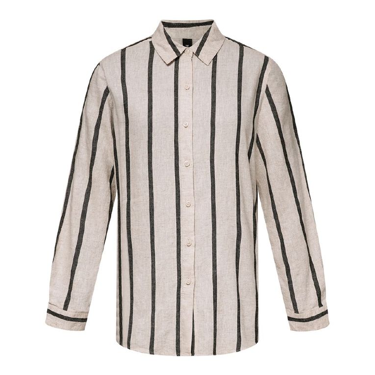 H&H Women's Long Sleeve Essential Linen Blend Stripe Shirt, , hi-res