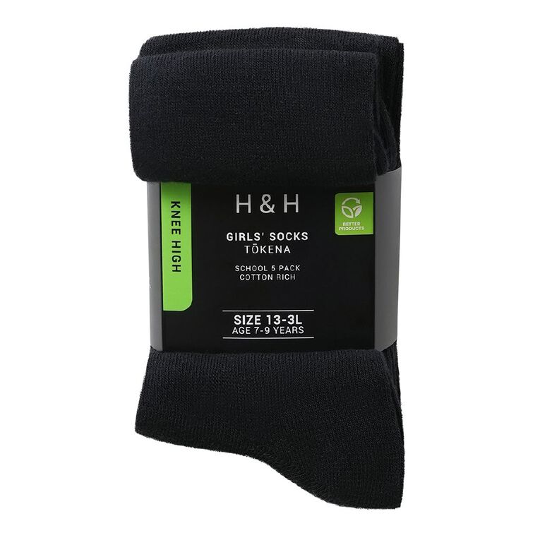 H&H Girls' School Knee High Socks 5 Pack, Black, hi-res