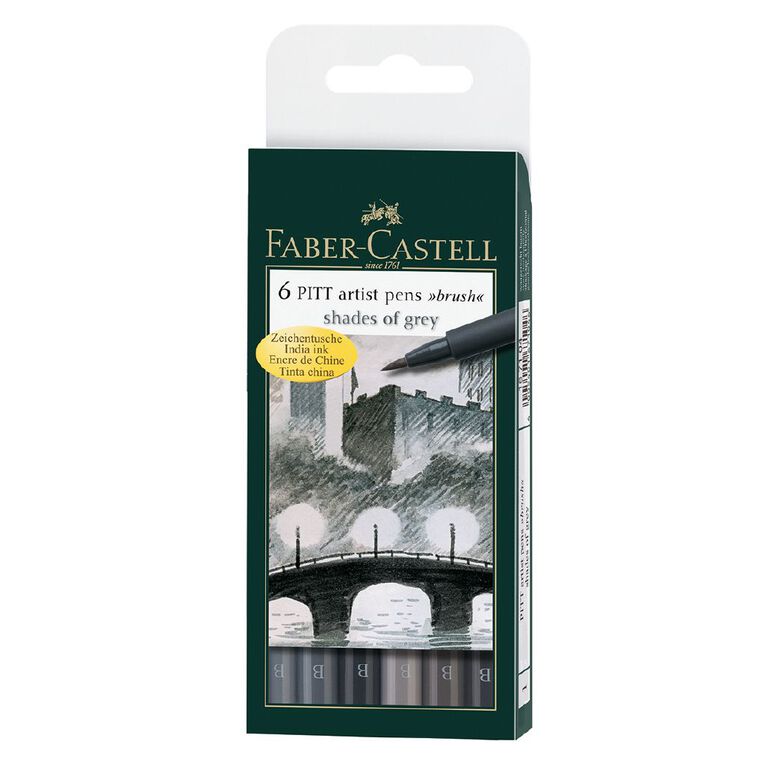 Faber-Castell Pitt Artist Brush Pens Grey 6 Pack Grey Mid, , hi-res