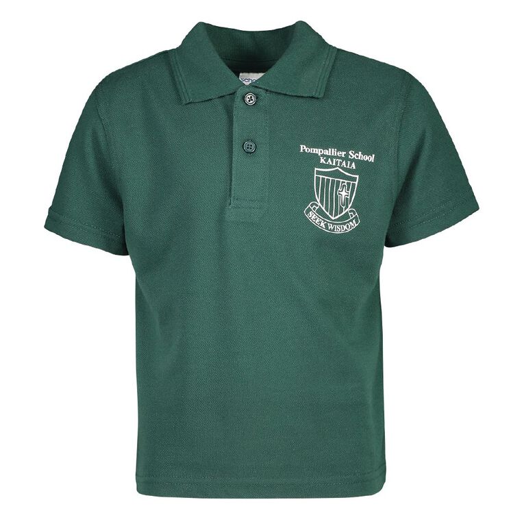 Schooltex Pompallier Short Sleeve Polo with Transfer, Bottle Green, hi-res