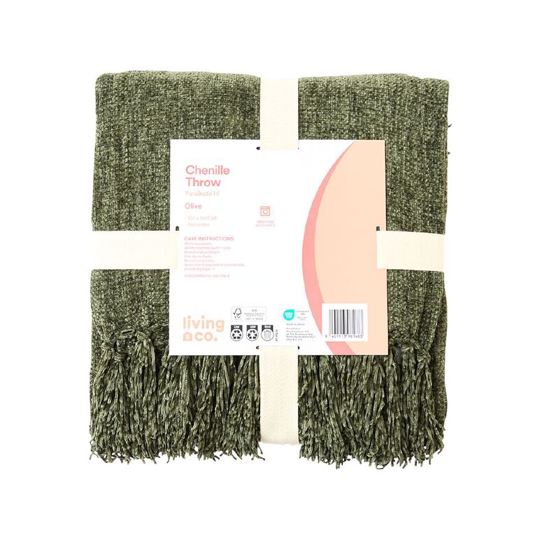 Living & Co Throw Chenille Green Dark 127cm x 152cm, , hi-res