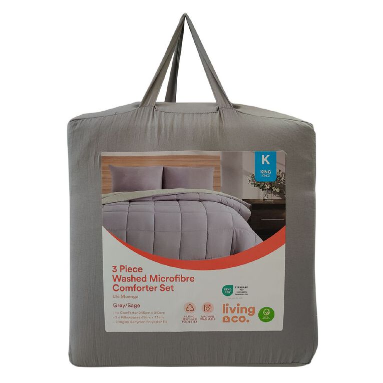 Living & Co Microfibre 3 Piece Comforter Set Grey Green King, , hi-res
