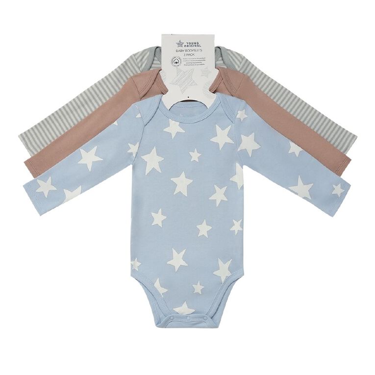 Young Original Babies' Long Sleeve Printed Bodysuit 3 Pack, Blue Light STAR, hi-res