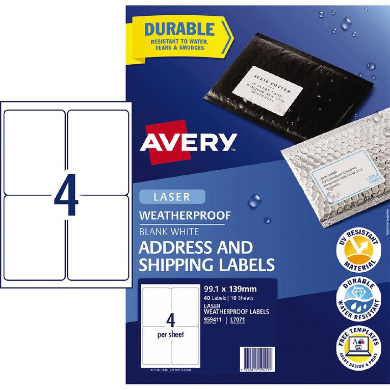 Avery Laser Weatherproof Shipping Labels 40 Labels White 99.1mm x 139mm, , hi-res