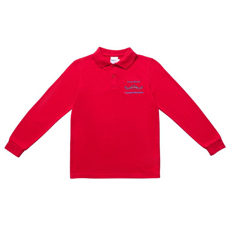 Schooltex Invercargill Middle School Long Sleeve Polo with Embroidery, Red Mid, hi-res