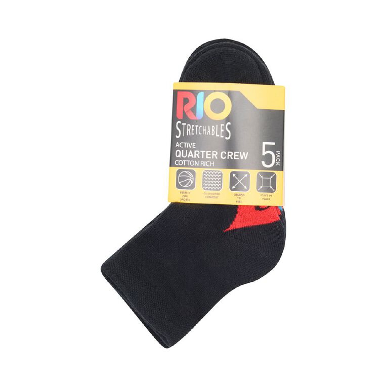 Rio Boys' Stretchables Quarter Crew Socks 5 Pack, Black, hi-res