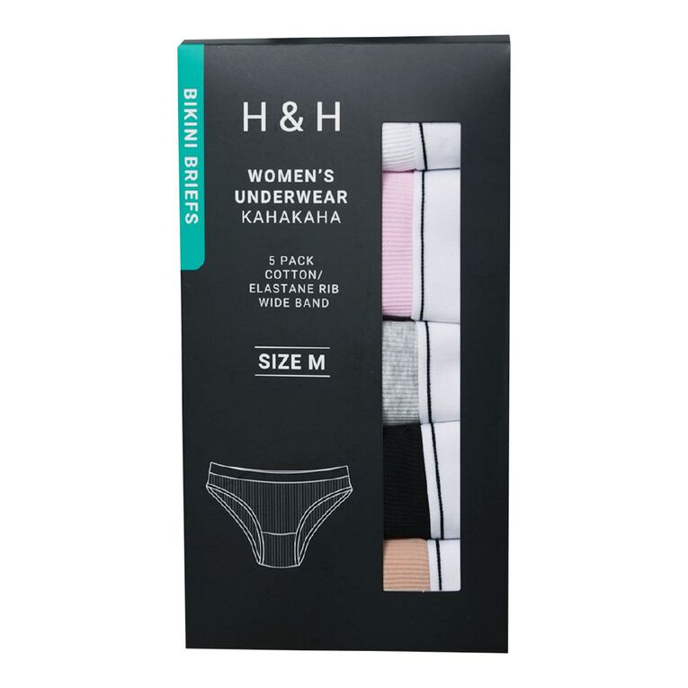 H&H Women's Cotton Elastane Rib Bikini Briefs 5 Pack, Black, hi-res