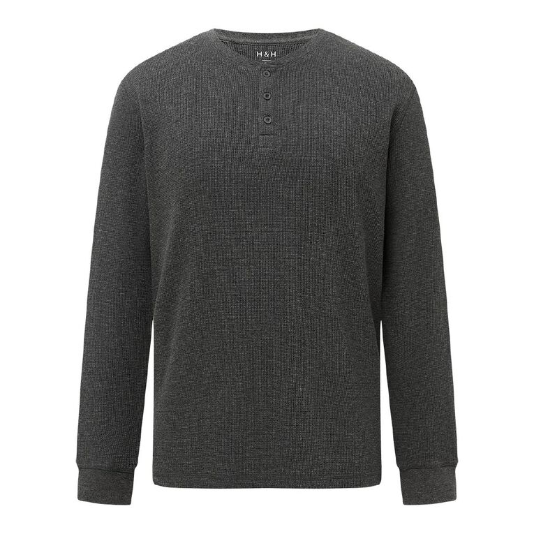 H&H Men's Waffle Henley Tee, Charcoal/Marle, hi-res