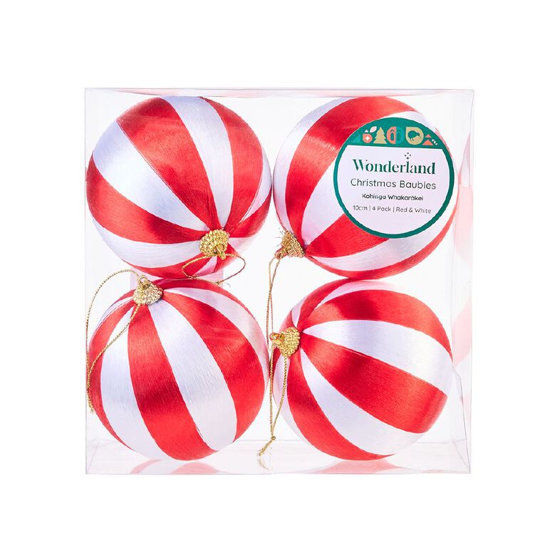 Wonderland Stripe Baubles 10cm Red/White 4 Pack, , hi-res