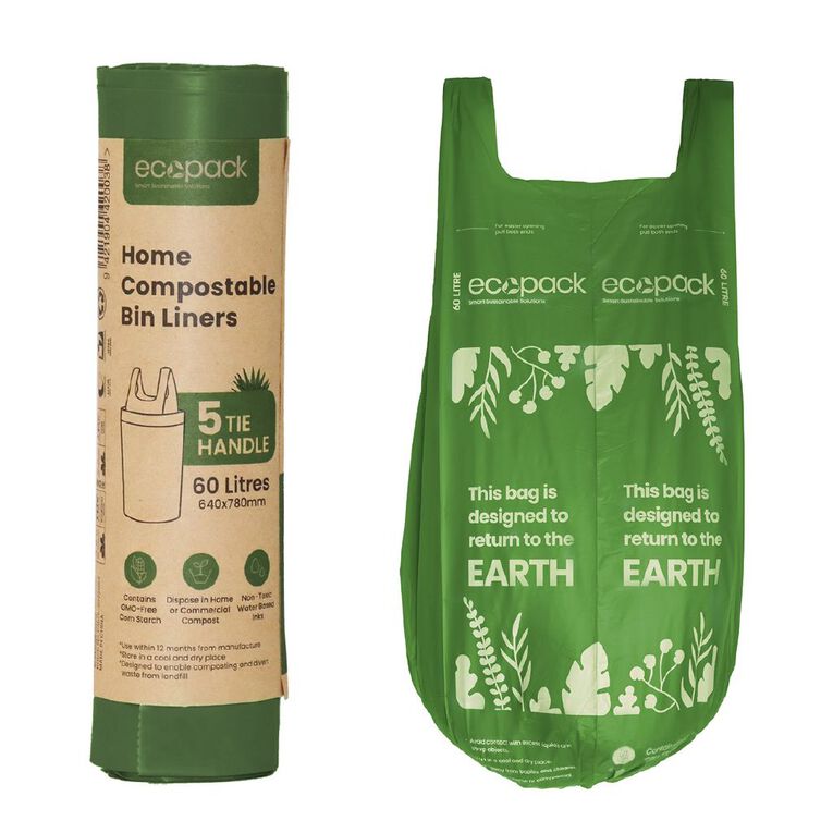 Ecopack Compostable Bin Liners 60L 5 pack, , hi-res