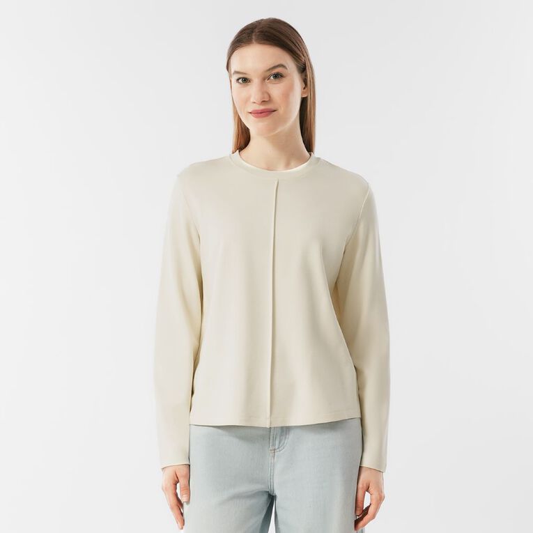H&H Women's Long Sleeve Ponte Seam Detail Top, Cream, hi-res