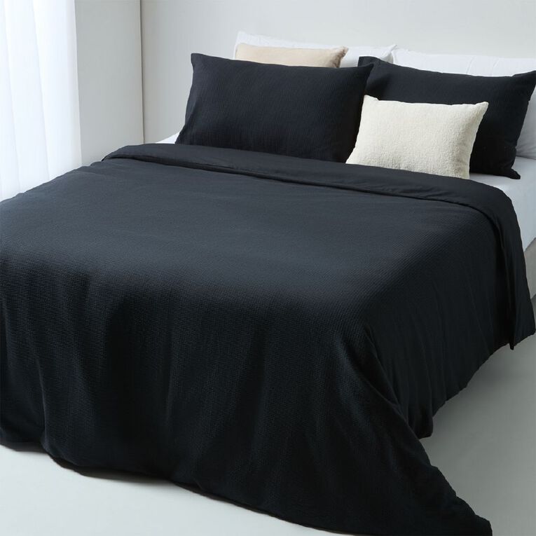 Living & Co Duvet Cover Set Luxury Waffle Black Super King, Black, hi-res