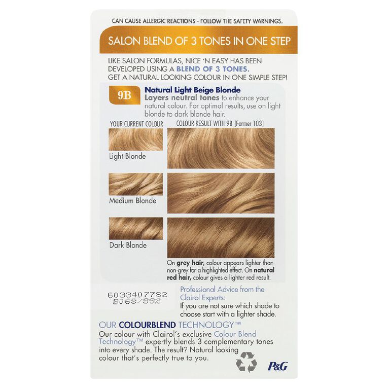 Clairol Nice N Easy Permanent Hair Colour Light Beige Blonde 9B, , hi-res