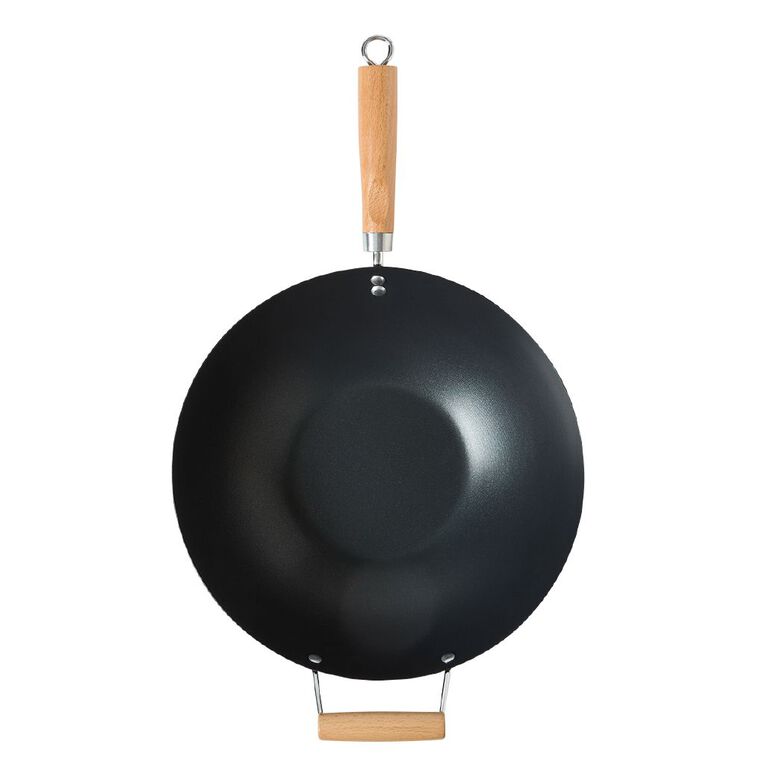 Living & Co Non Stick Wok with Wooden Handle Black 35cm, , hi-res