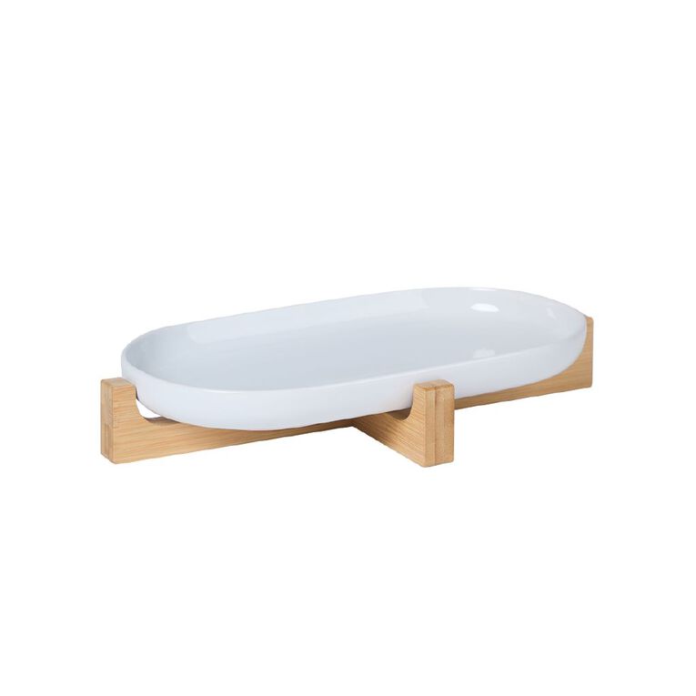 Living & Co Oval Platter with Wooden Stand White 43cm, , hi-res