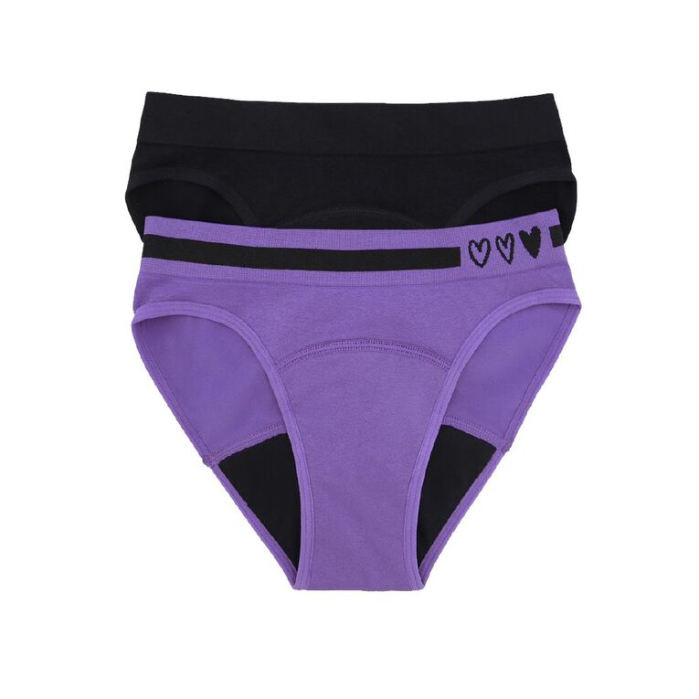 Love Luna Teens Period Bikini 2 Pack, Purple/Black, hi-res