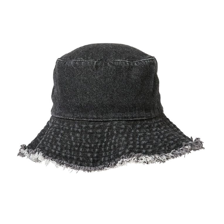 H&H Women's Frayed Denim Bucket Hat, Black, hi-res
