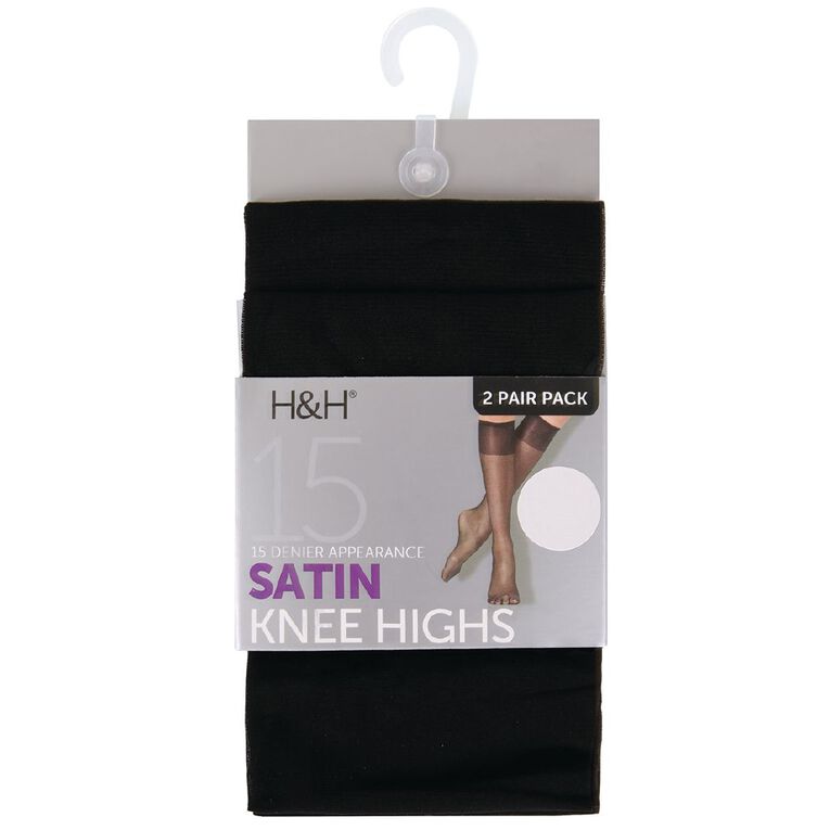 H&H Women's Satin Knee Highs 2 Pack, Black, hi-res