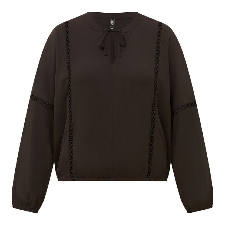 H&H Women's Long Sleeve Lace Trim Blouse, Brown Dark, hi-res