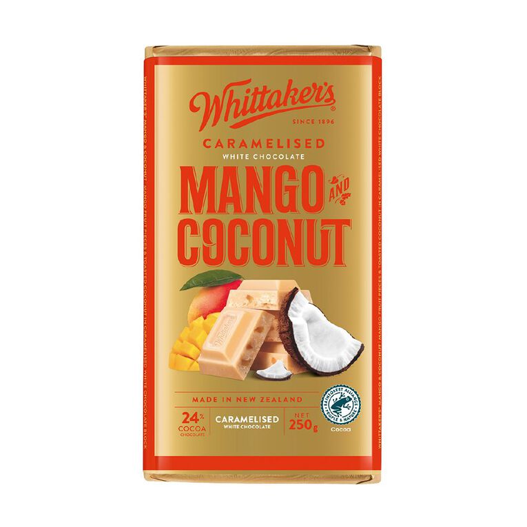 Whittaker's Caramelised White Choc Mango & Coconut Block 250g, , hi-res