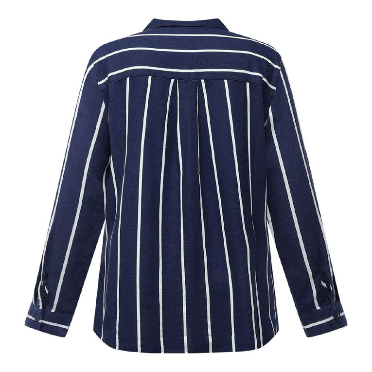 H&H Women's Long Sleeve Essential Linen Blend Shirt, Navy/White, hi-res