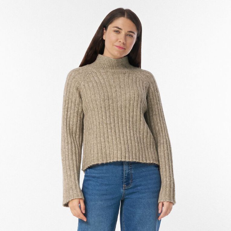 H&H Women's Oversized Crop Box Funnel Knit Jumper, Brown Mid, hi-res