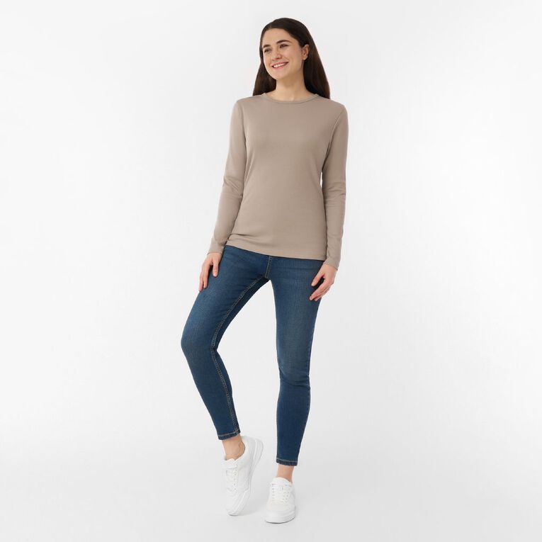 H&H Women's Long Sleeve Classic Rib Crew Tee, Brown Light, hi-res