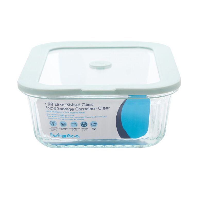 Living & Co Ribbed Rectangle Glass Food Storage Container 1.4L, , hi-res