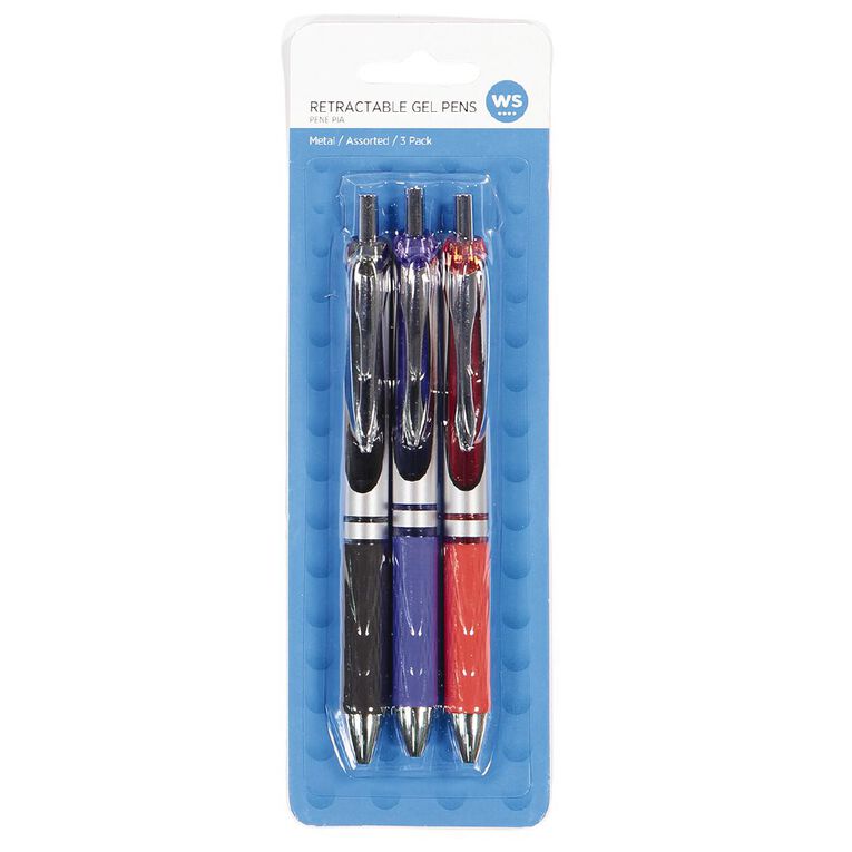 WS Retractable Metal Barrel Gel Pen Assorted Assorted 3 Pack, , hi-res