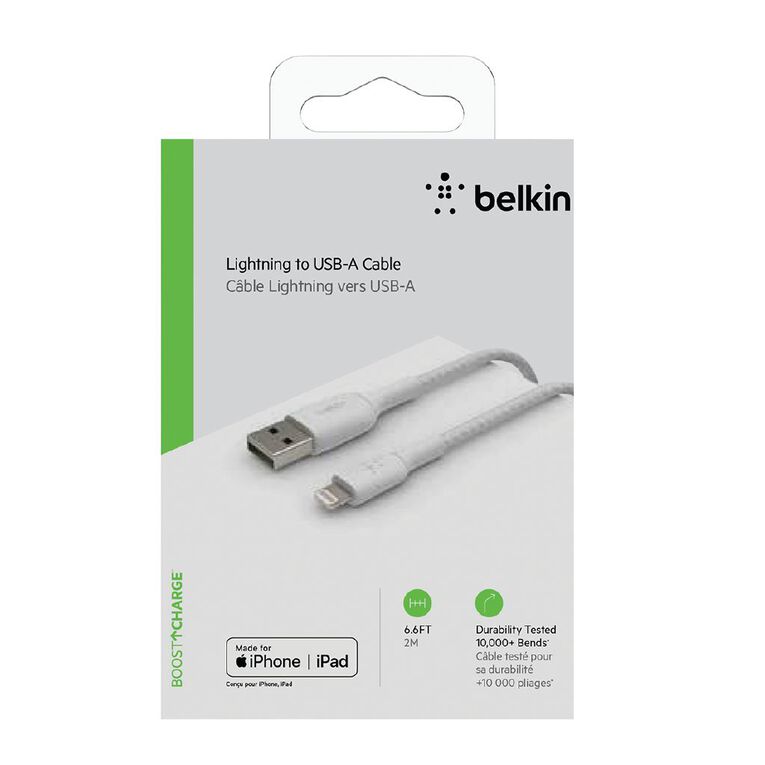 Belkin BoostCharge Lightning to USB-A Braided Cable 2M White, , hi-res