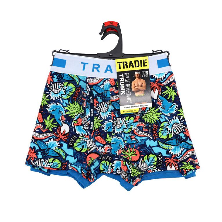 Tradie Men's Fly Front Trunks 3 Pack, Blue/Navy, hi-res