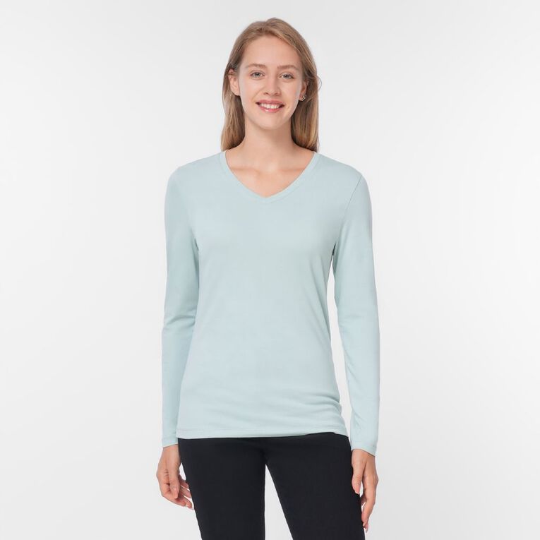 H&H Women's Stretch Cotton Long Sleeve V Neck, Blue Light, hi-res