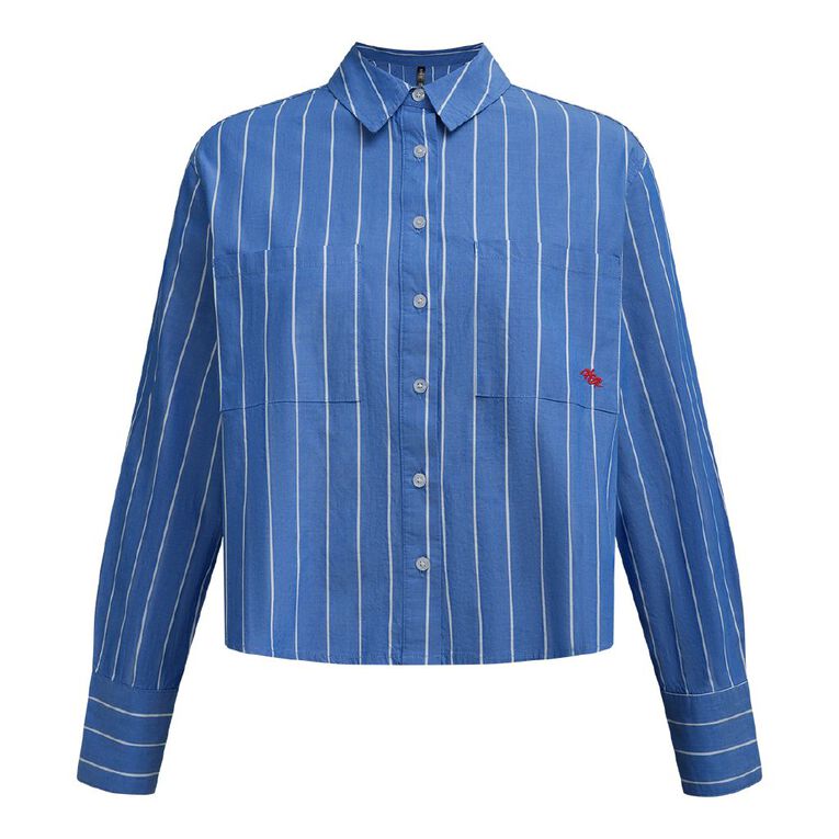 H&H Women's Long Sleeve Boxy Crop Shirt, Blue/White, hi-res