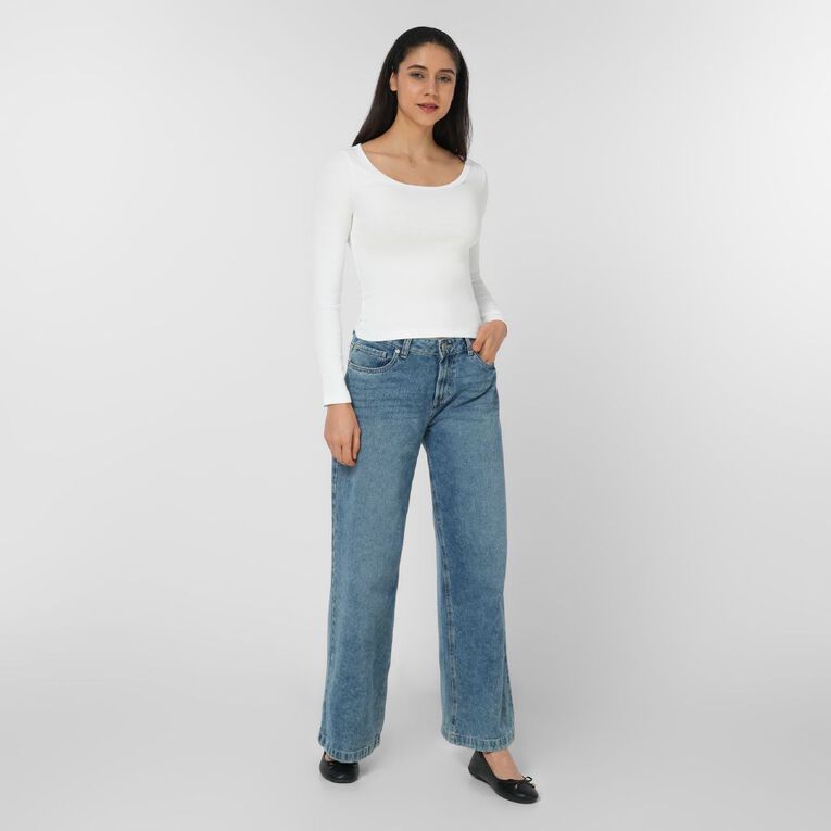 H&H Women's Long Sleeve Scoop Neck Rib Top, White, hi-res