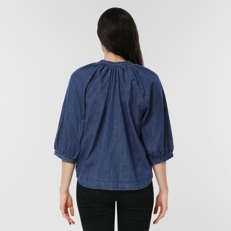 H&H Women's V-Neck Denim Shirt, Denim Mid, hi-res